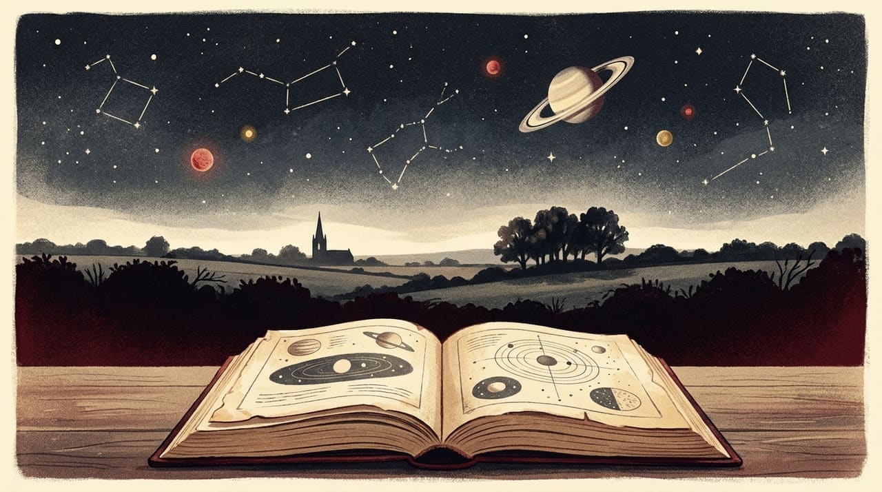Illustration of a starry night sky with Saturn and constellations over a British landscape, an open almanac in the foreground