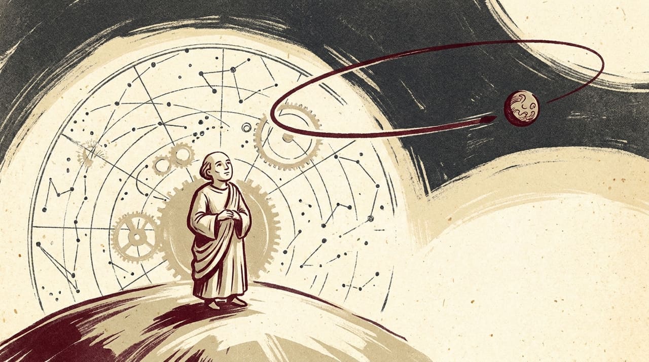 Illustration of a calm figure beneath a swirling star chart tracing Mercury's backward loop