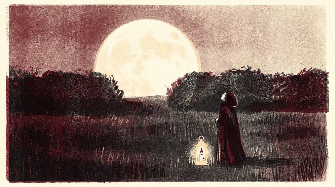 Illustration of a large full moon over a dark field with a solitary figure looking up