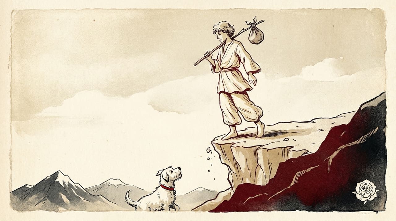 Illustration of the Fool tarot card: a young traveller stepping off a cliff edge with a bundle and a white dog