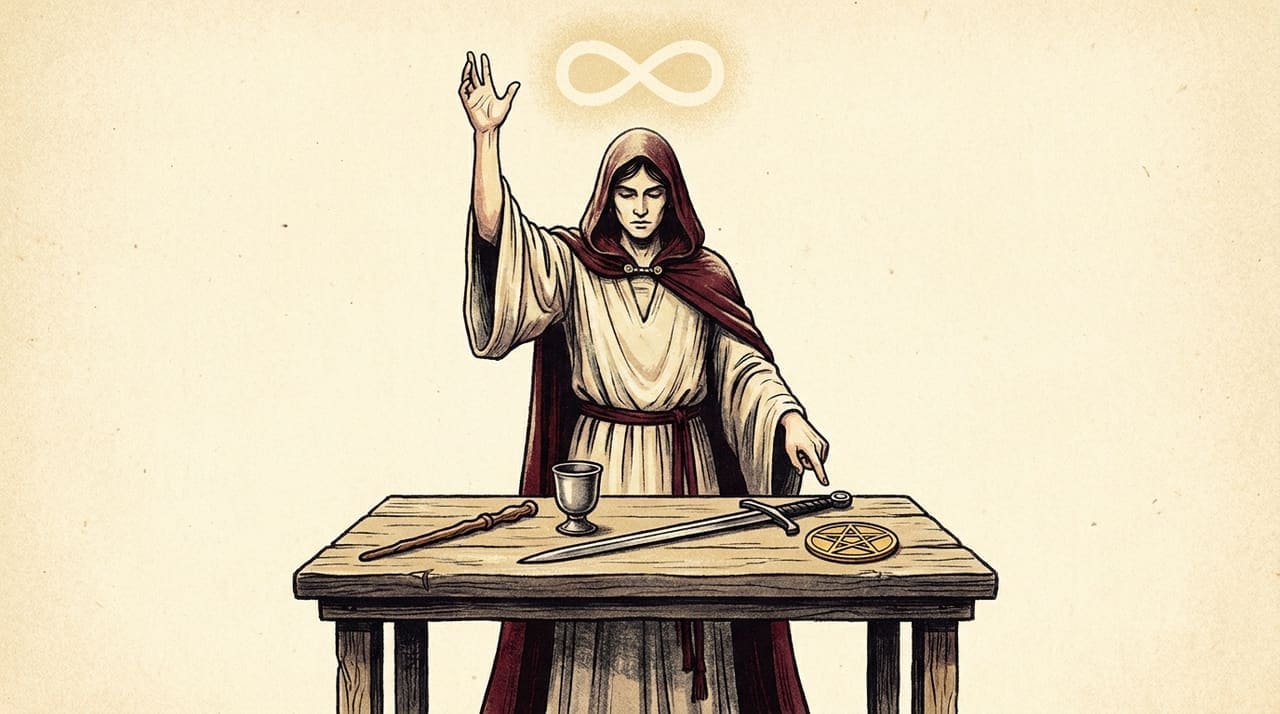 Illustration of the Magician tarot card with the four suits and a glowing infinity symbol