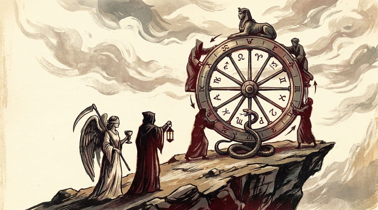 Illustration of the Wheel of Fortune tarot card